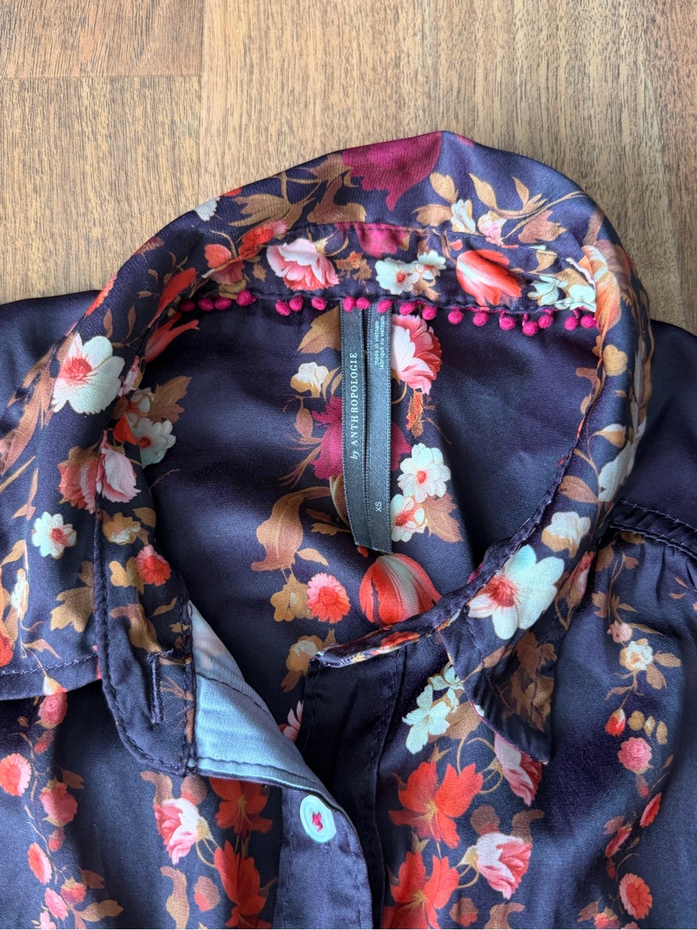 Anthropologie Navy Floral Satin Blouse with Coral Pom Trim